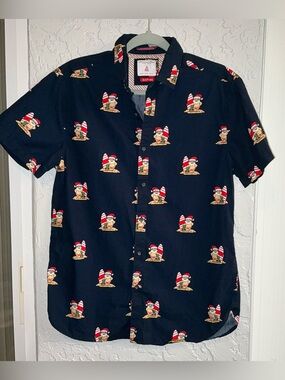 Men's Denim & Flower Santa Surf Print Short-Sleeve Shirt - Navy